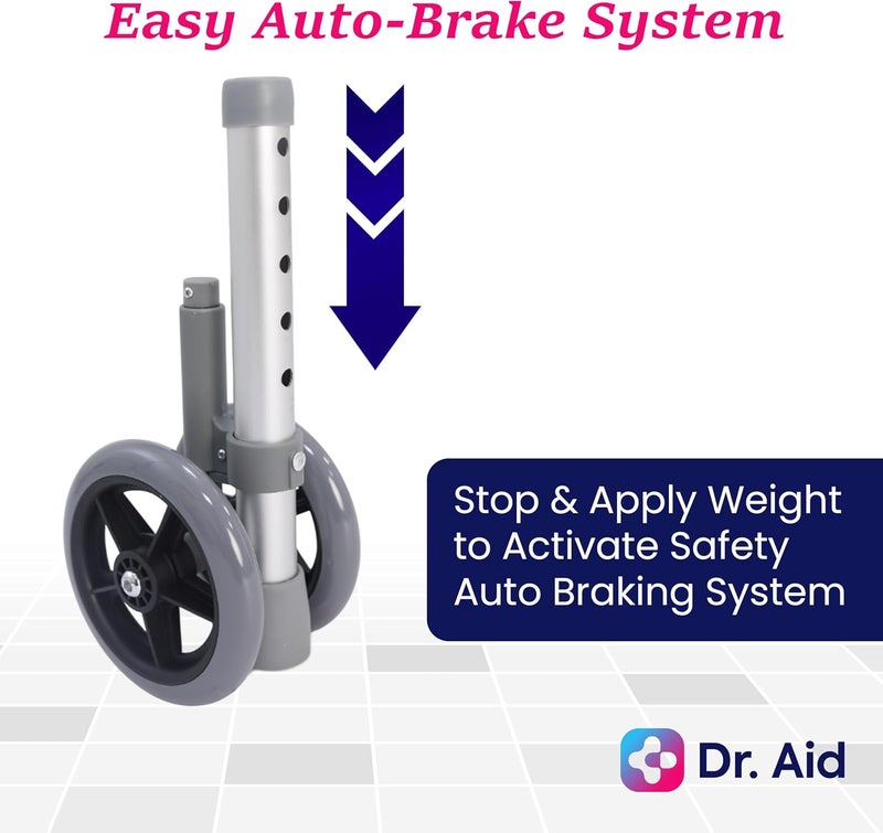 Dr. Aid Premium Auto Brake Walker Wheels – Replacement Wheel for Walkers, 5" Double Wheels with 5 Height Adjustments – Easy Installation, Pack of 2 - Image 2